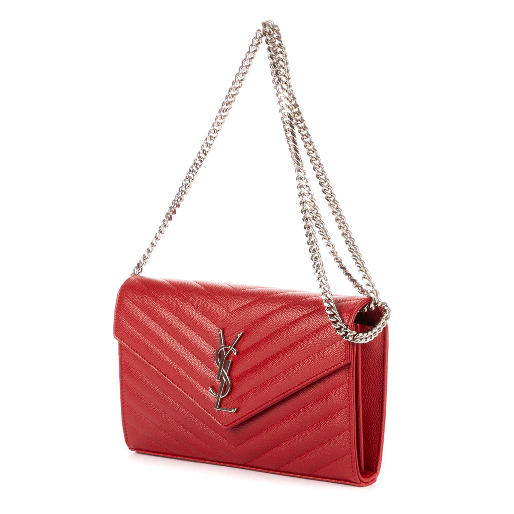 Shoulder Bag Wallet on Chain Red Grain de Poudre Chevron Quilted