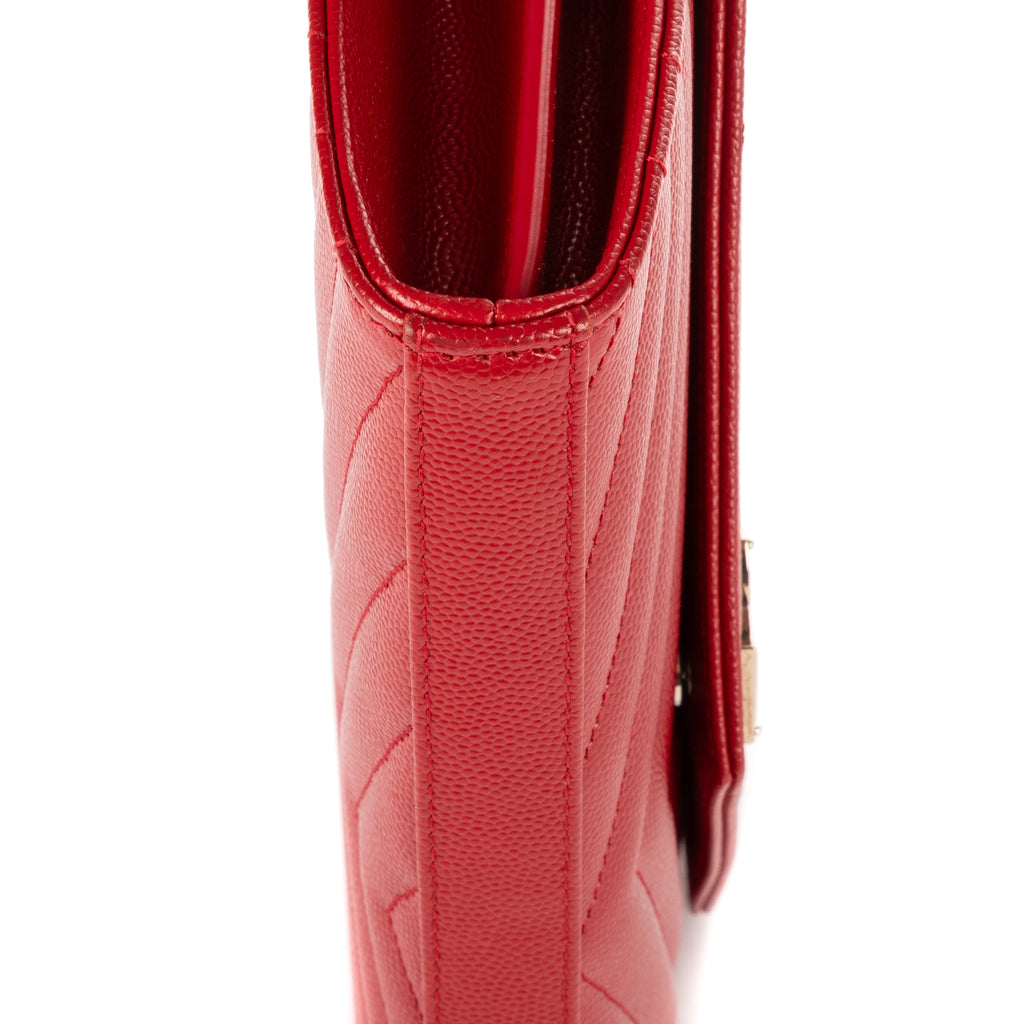 Shoulder Bag Wallet on Chain Red Grain de Poudre Chevron Quilted