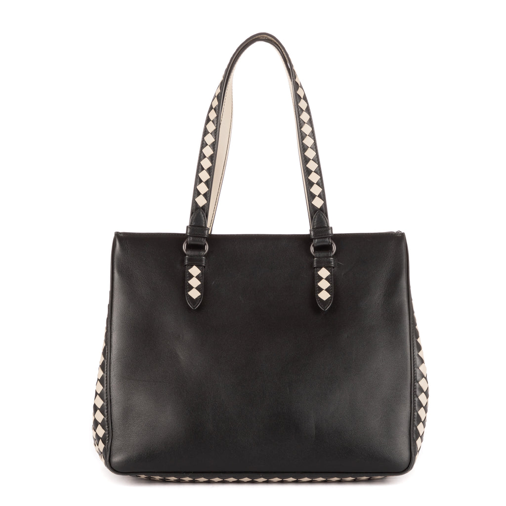 Sac porté épaule cabas noir en cuir intrecciato