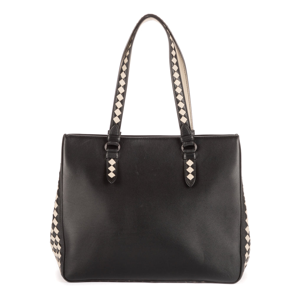 Sac porté épaule cabas noir en cuir intrecciato