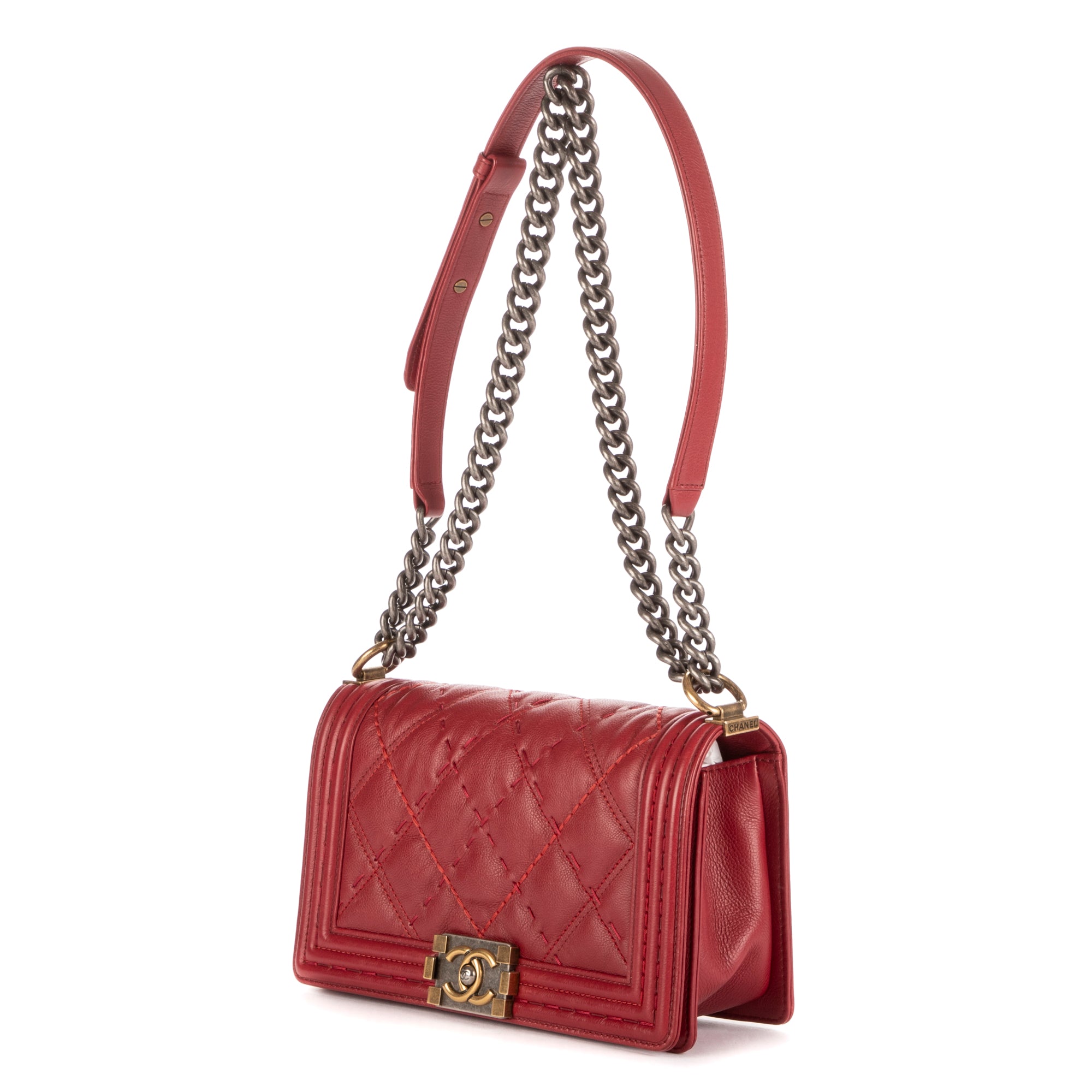 Bolso de Hombro Boy Mediano Rojo Piel de Cordero Acolchada con Costuras vistas