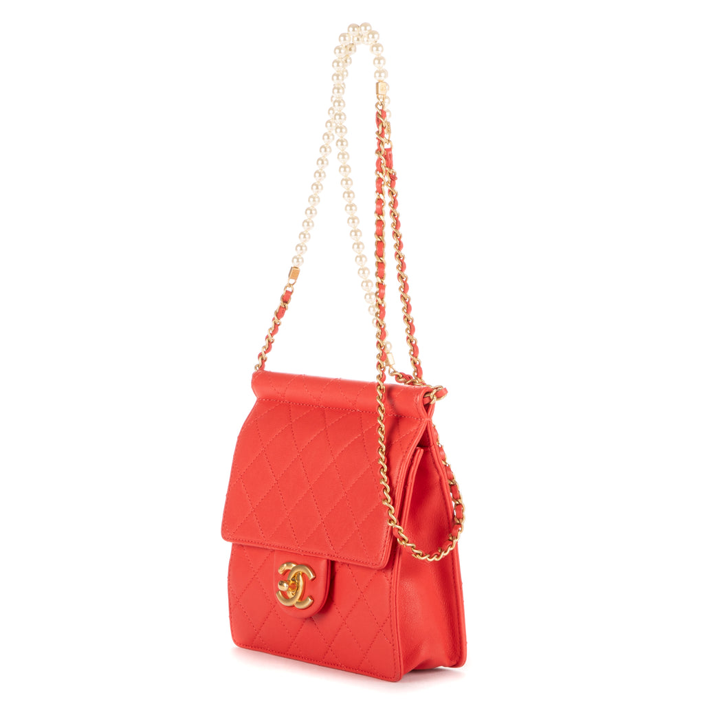 Shoulder Bag Vintage Pearl Wallet on Chain Red Calfskin Quilted Leather