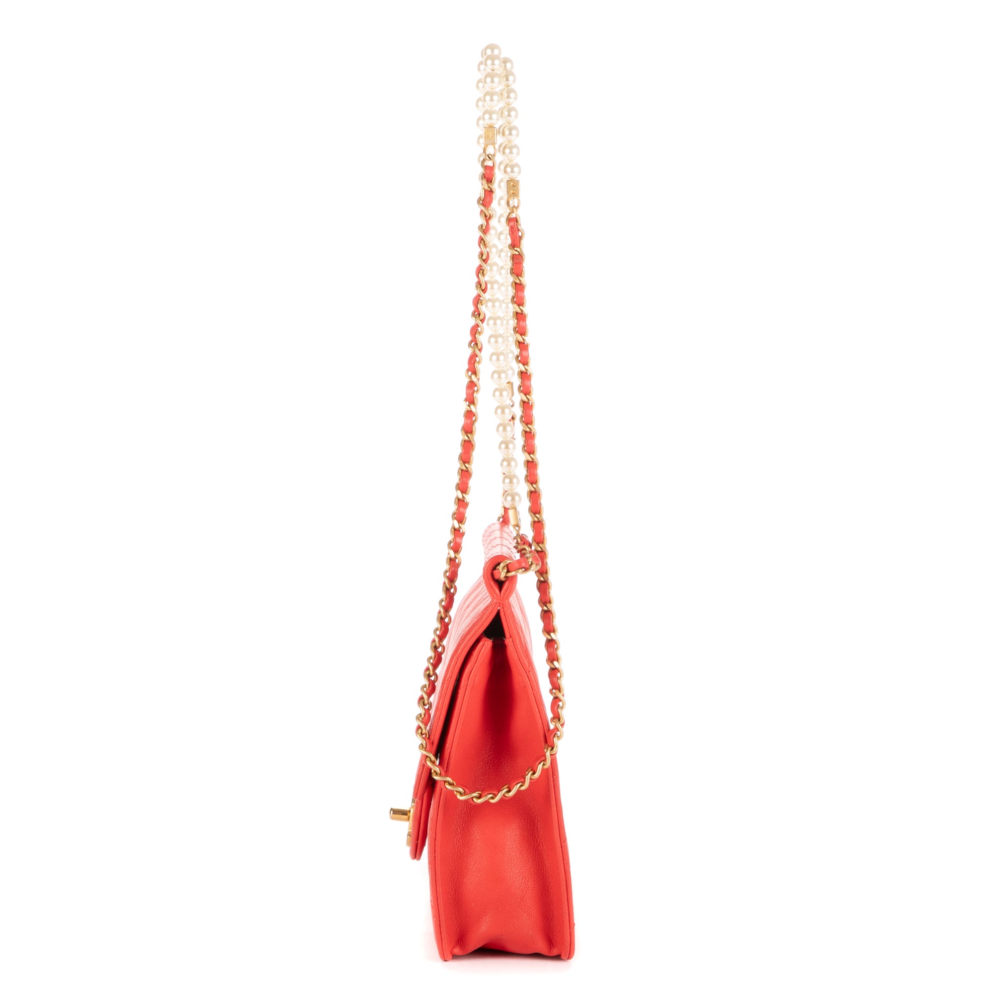 Shoulder Bag Vintage Pearl Wallet on Chain Red Calfskin Quilted Leather