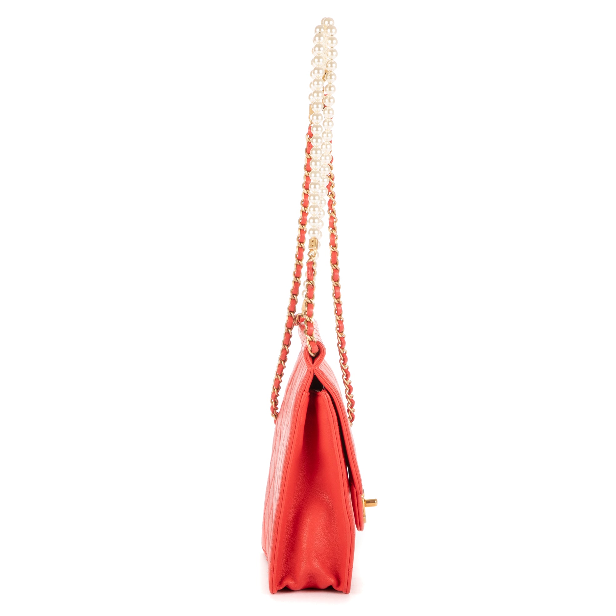 Shoulder Bag Vintage Pearl Wallet on Chain Red Calfskin Quilted Leather