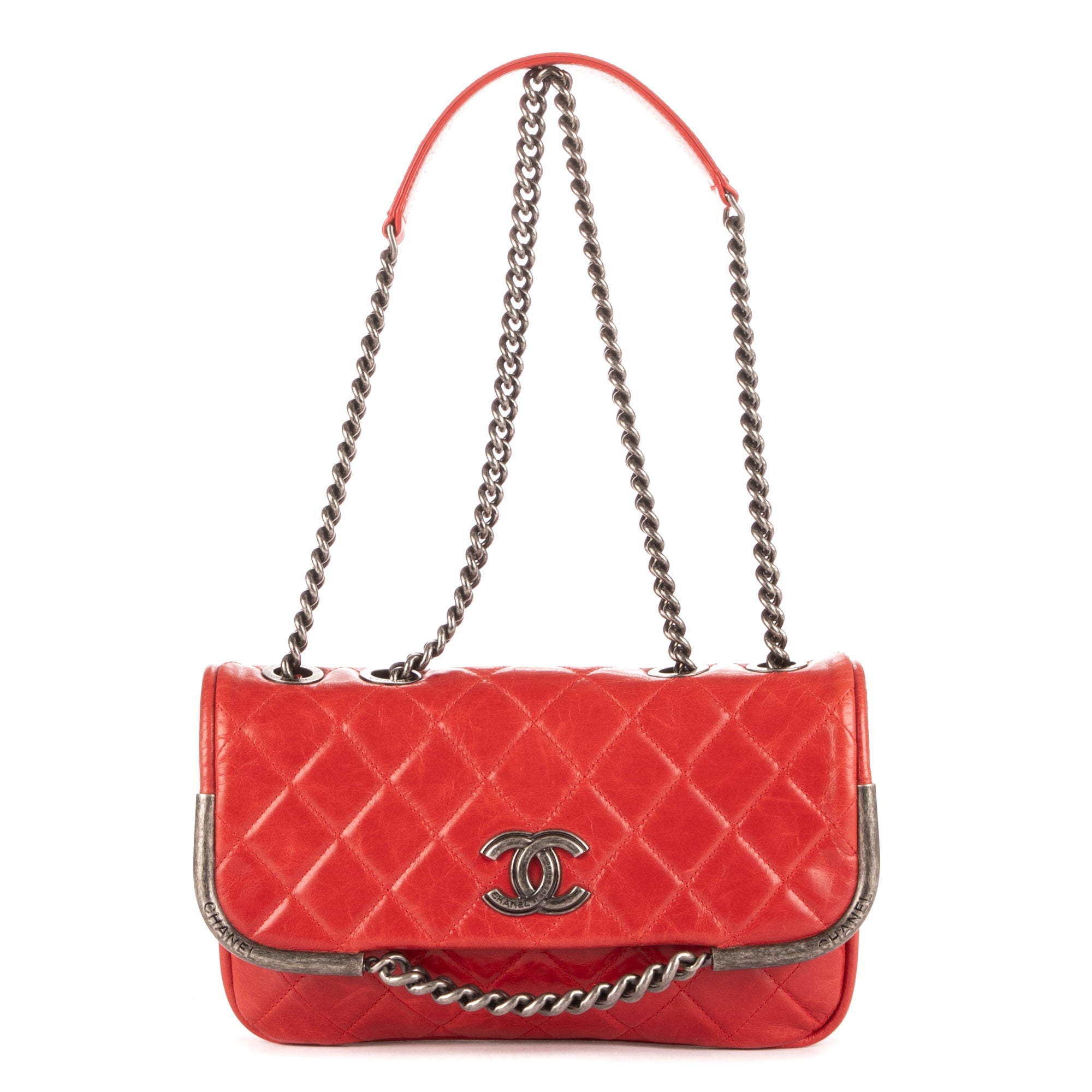 Bolso de hombro con cadena solapa única de piel de becerro roja brillante