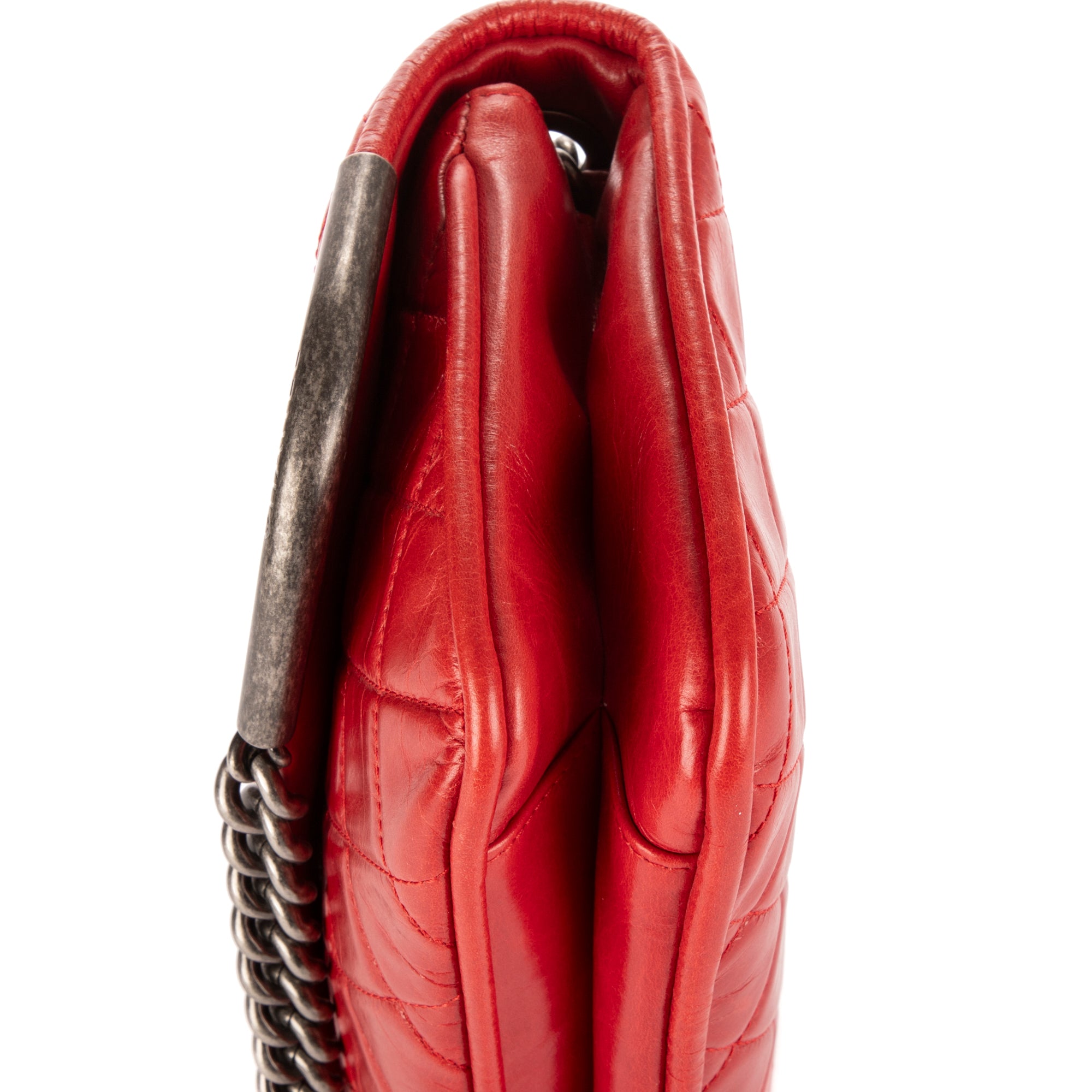 Bolso de hombro con cadena solapa única de piel de becerro roja brillante