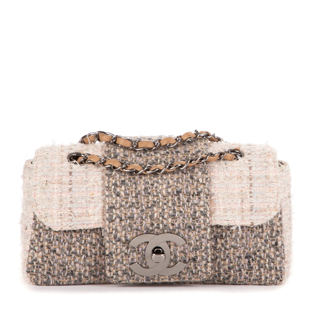 Shoulder Bag Vintage Tweed Turnlock Single Flap Beige Tweed Quilted Canvas