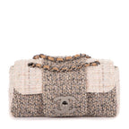 Shoulder Bag Vintage Tweed Turnlock Single Flap Beige Tweed Quilted Canvas