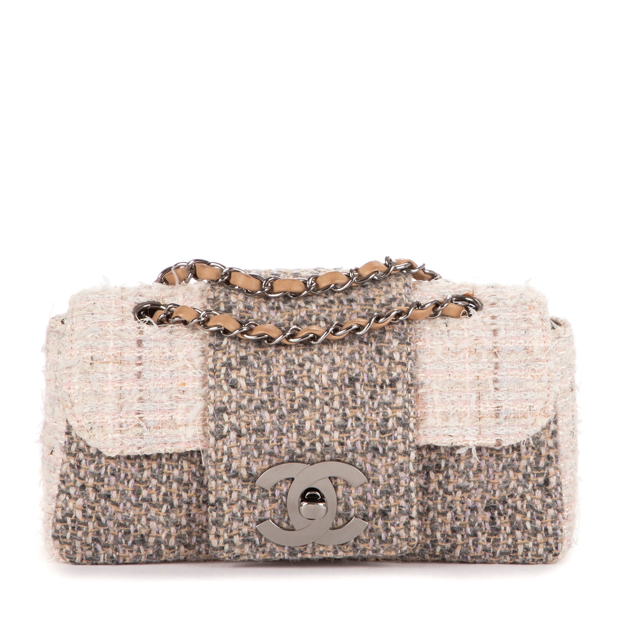 Shoulder Bag Vintage Tweed Turnlock Single Flap Beige Tweed Quilted Canvas