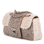 Shoulder Bag Vintage Tweed Turnlock Single Flap Beige Tweed Quilted Canvas