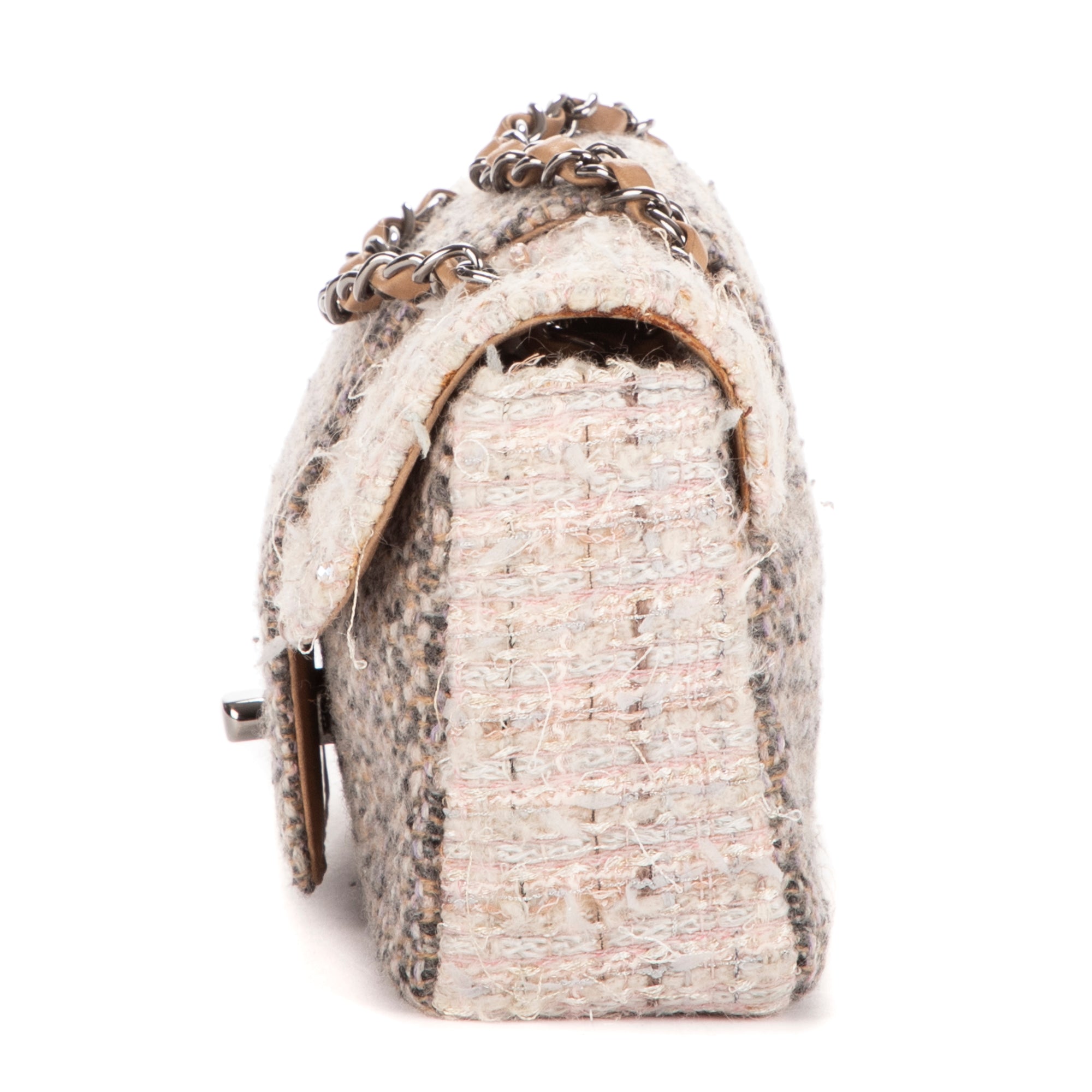 Shoulder Bag Vintage Tweed Turnlock Single Flap Beige Tweed Quilted Canvas