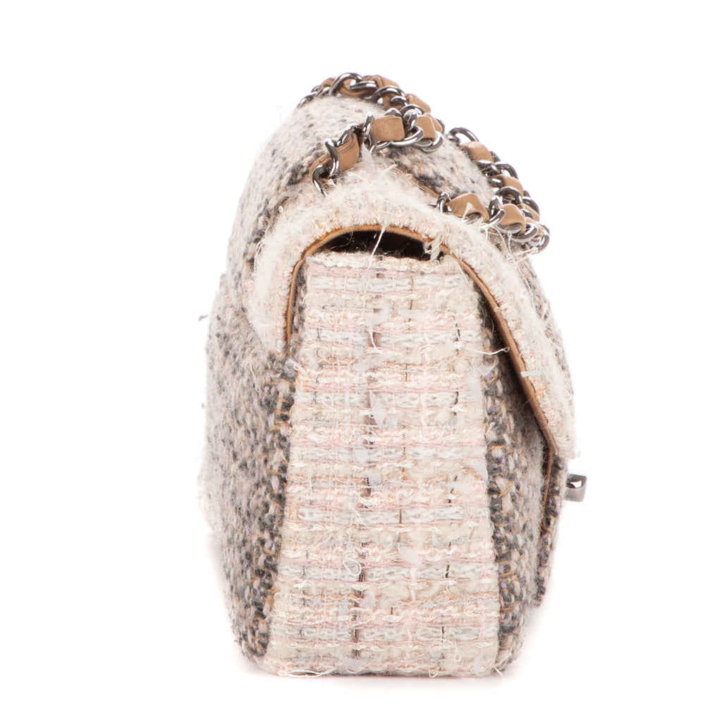 Shoulder Bag Vintage Tweed Turnlock Single Flap Beige Tweed Quilted Canvas