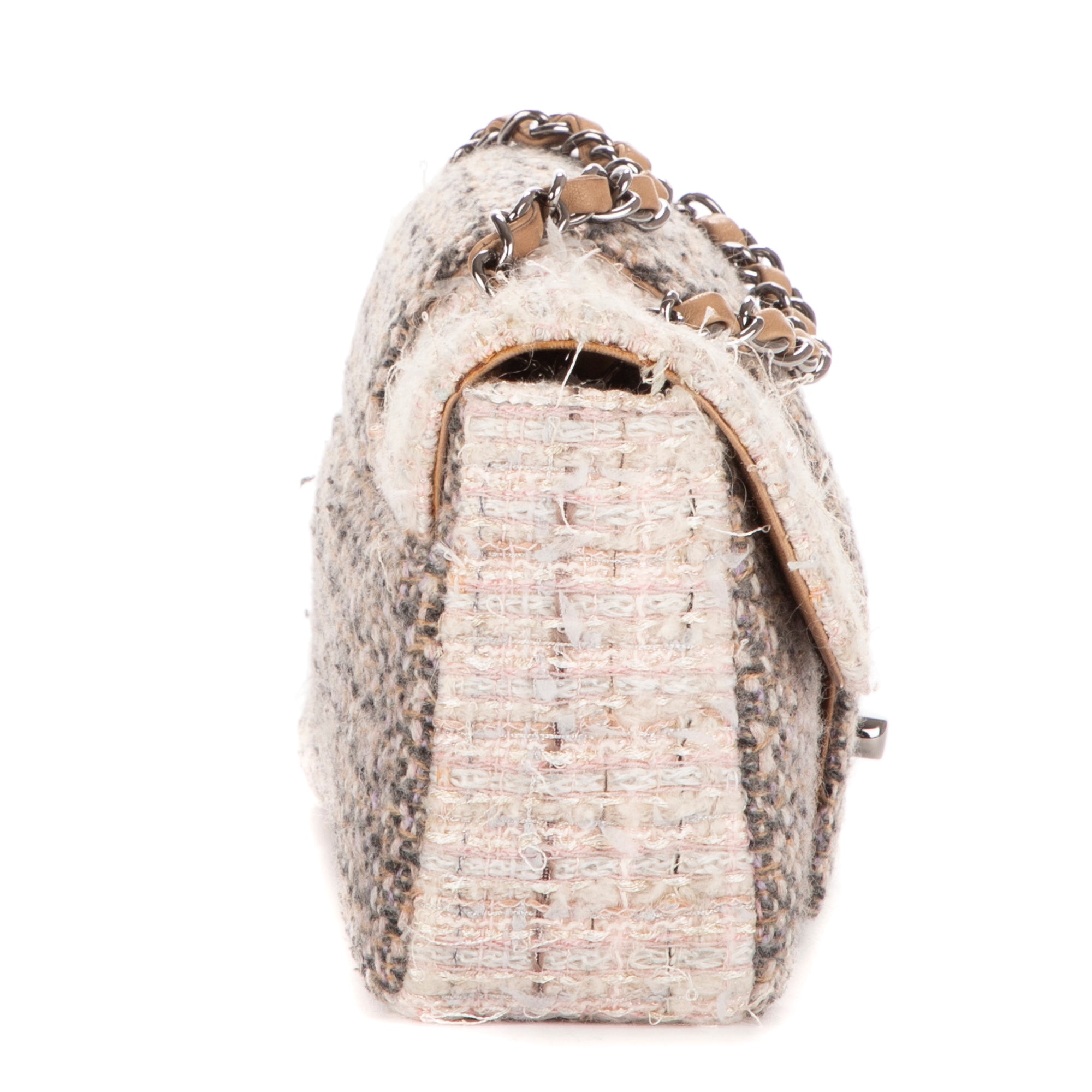 Shoulder Bag Vintage Tweed Turnlock Single Flap Beige Tweed Quilted Canvas