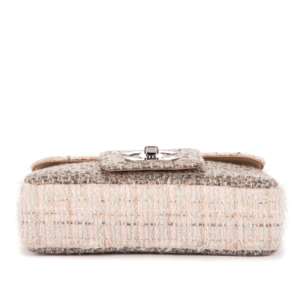 Shoulder Bag Vintage Tweed Turnlock Single Flap Beige Tweed Quilted Canvas