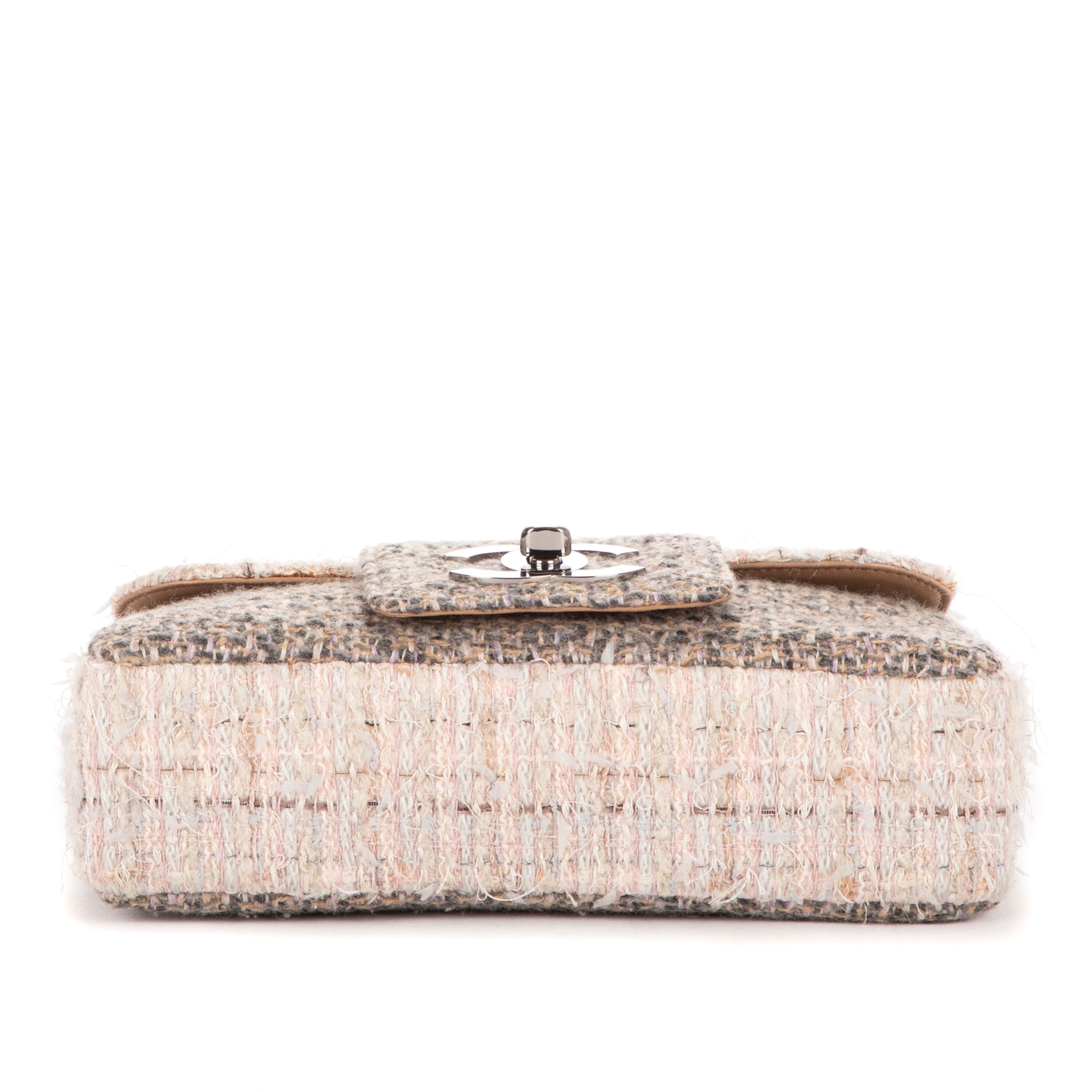 Shoulder Bag Vintage Tweed Turnlock Single Flap Beige Tweed Quilted Canvas