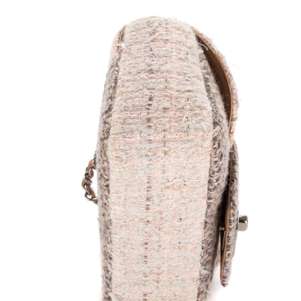 Shoulder Bag Vintage Tweed Turnlock Single Flap Beige Tweed Quilted Canvas