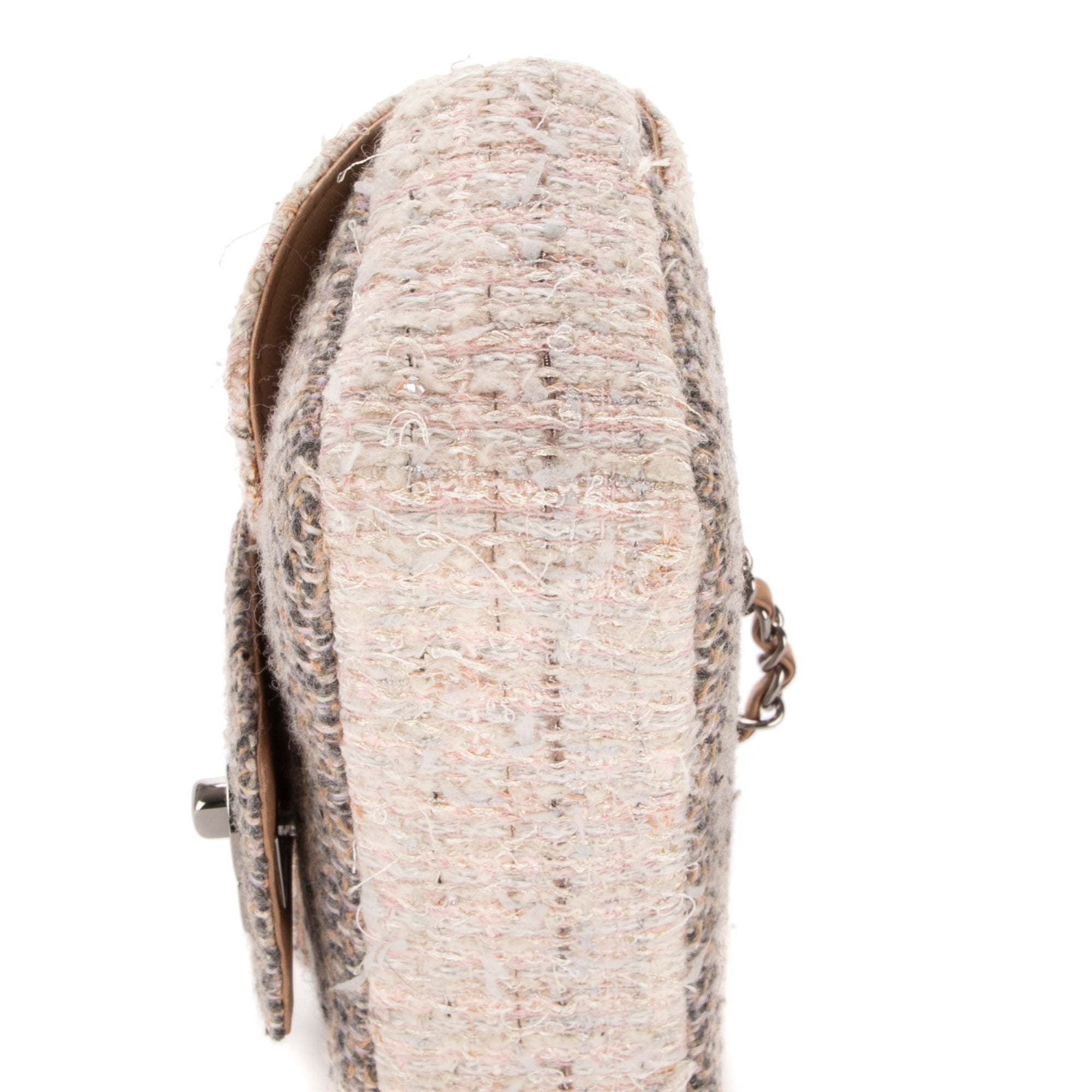 Shoulder Bag Vintage Tweed Turnlock Single Flap Beige Tweed Quilted Canvas