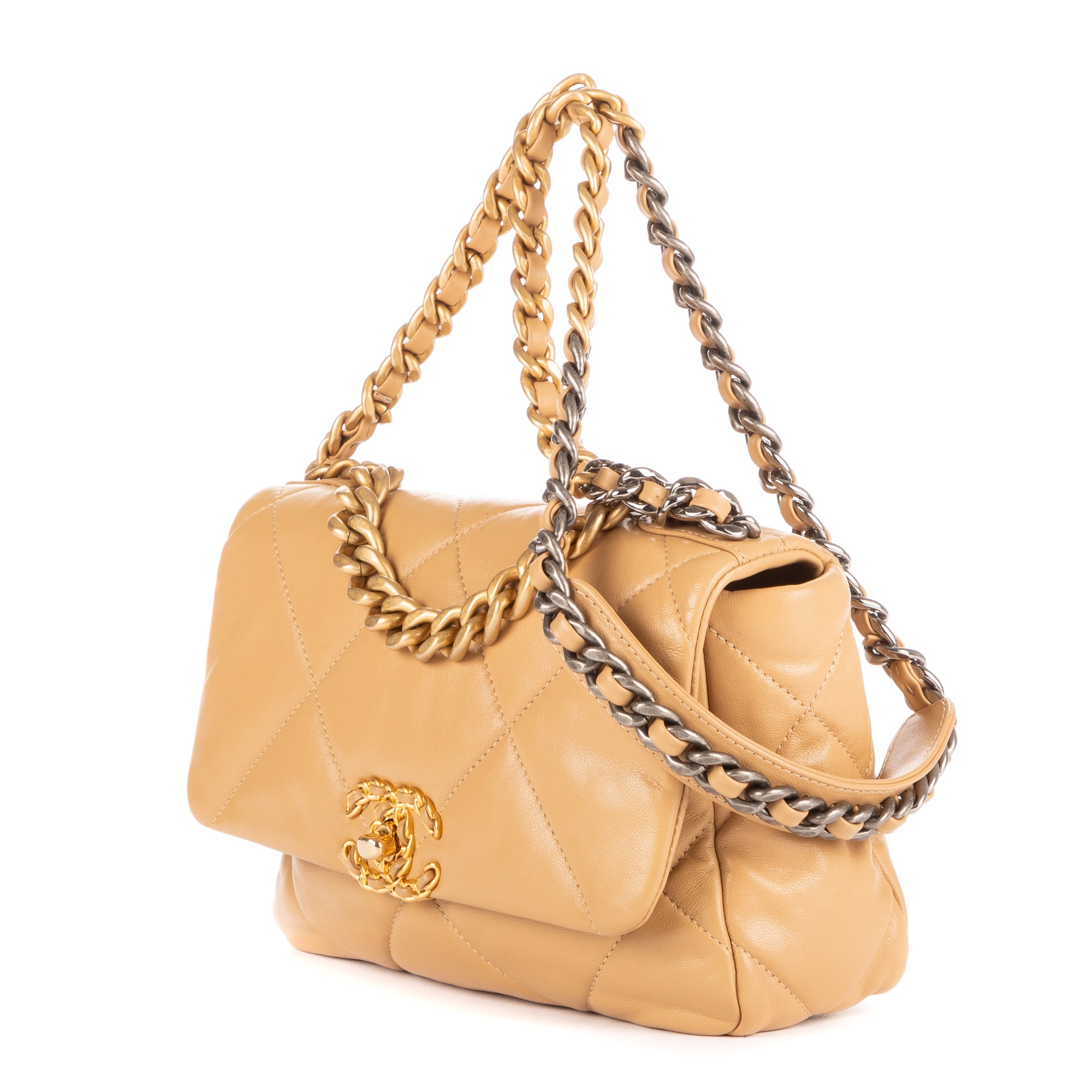 Bolso de Hombro Classic 19 con Solapa Pequeño Piel de Cordero Acolchada Color Crema