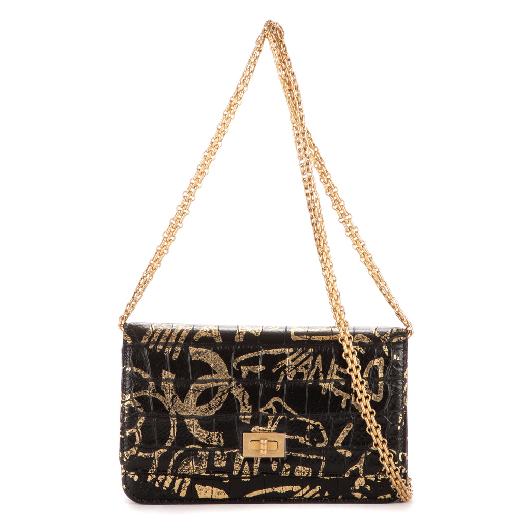 Shoulder Bag 2.55 Graffiti Crocodile Reissue Wallet On Chain Black Calfskin Crocodile Embossed Leather