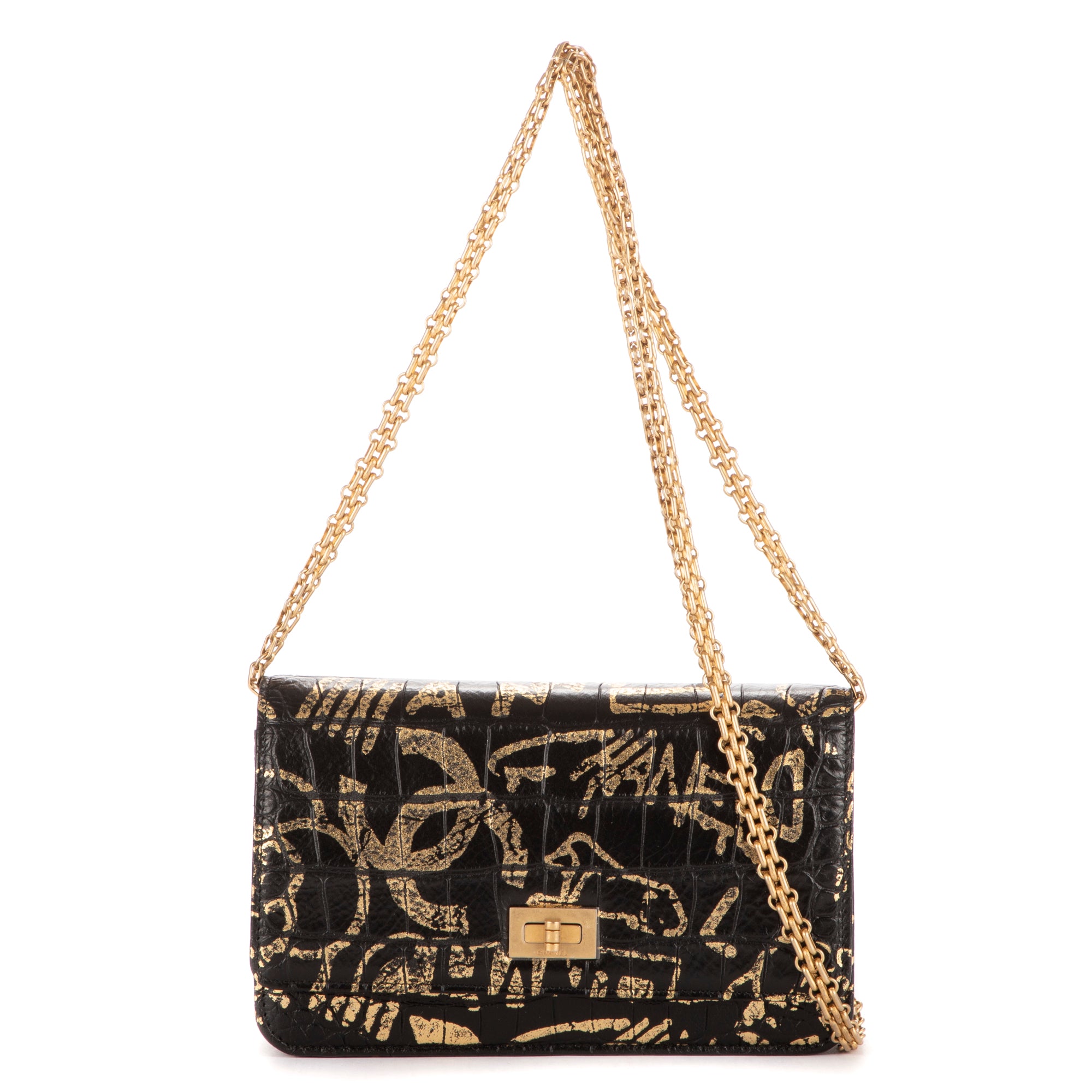 Shoulder Bag 2.55 Graffiti Crocodile Reissue Wallet On Chain Black Calfskin Crocodile Embossed Leather