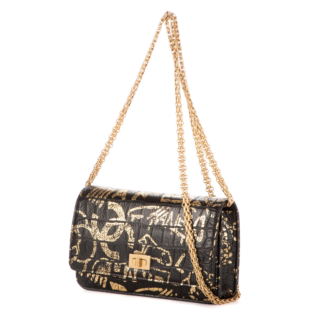 Sac à bandoulière 2.55 Graffiti Crocodile Reissue Portefeuille sur chaîne en cuir de veau noir embossé crocodile