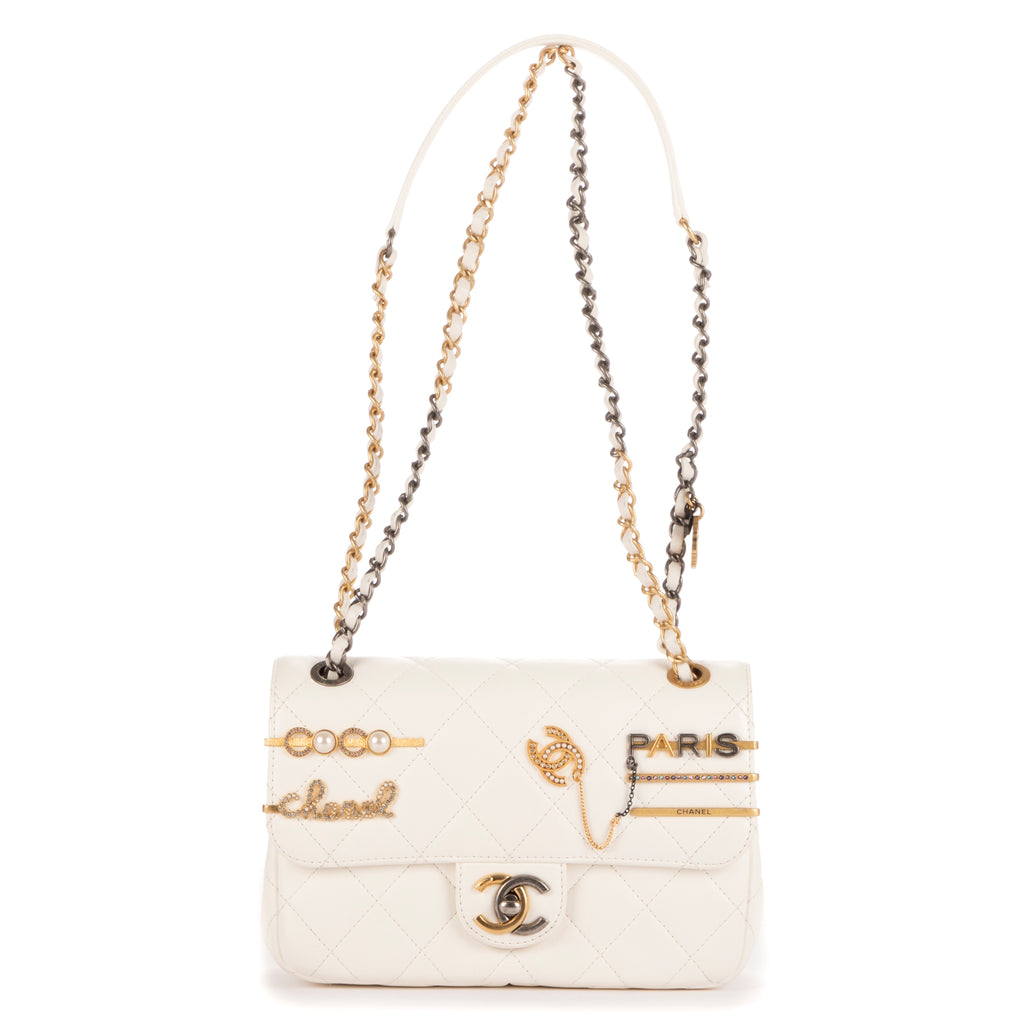 Shoulder Bag Coco Clips Rhinestones Single Flap White Calfskin Quilted Leather