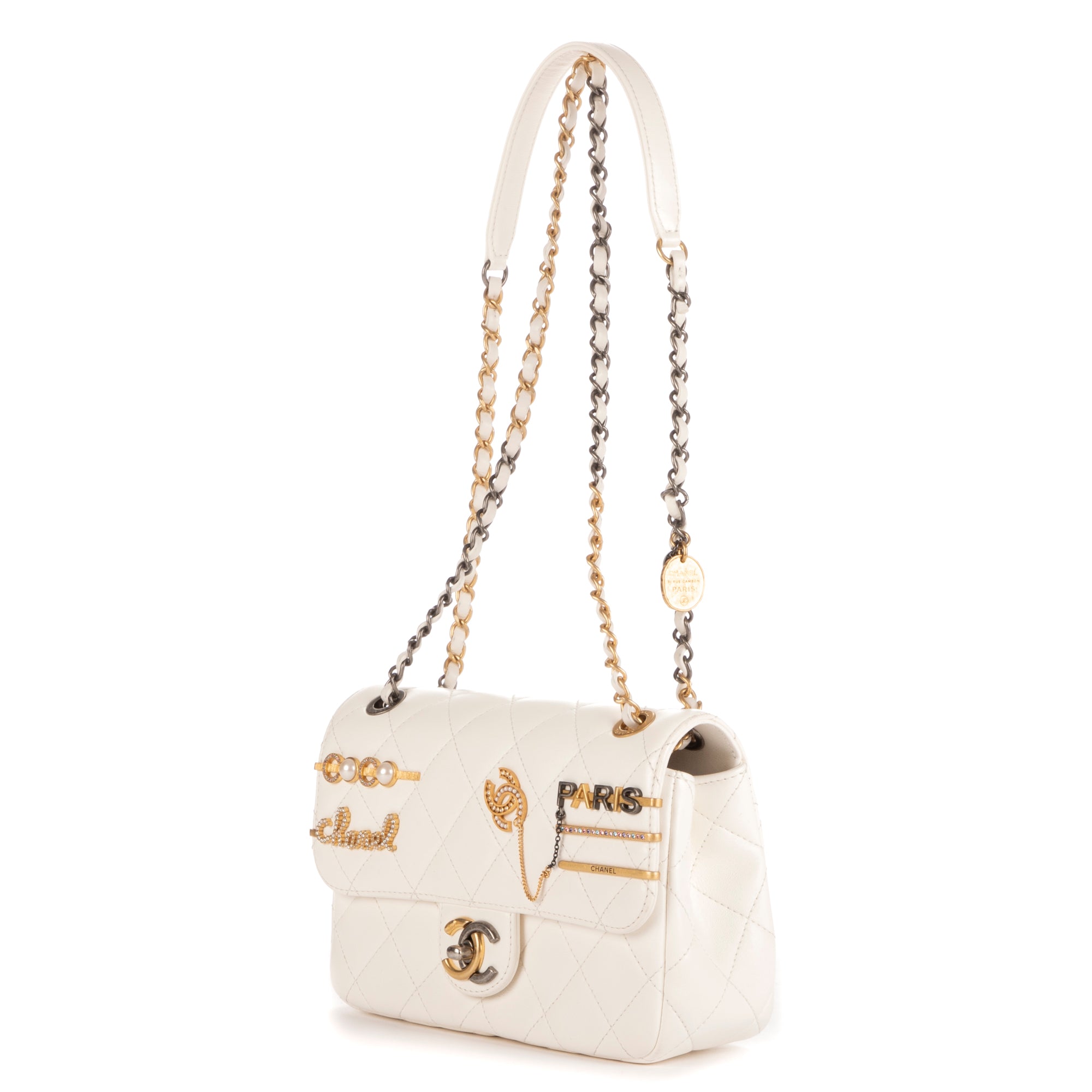 Shoulder Bag Coco Clips Rhinestones Single Flap White Calfskin Quilted Leather