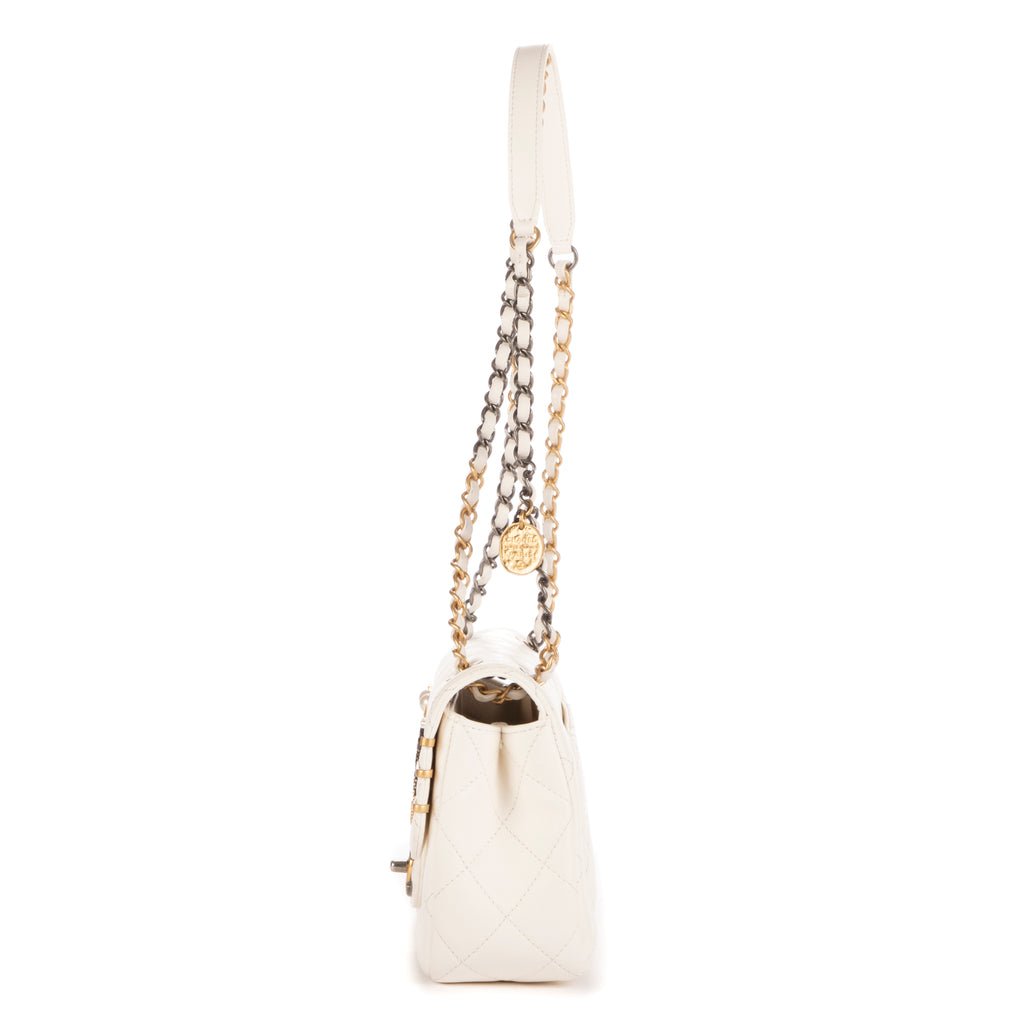 Shoulder Bag Coco Clips Rhinestones Single Flap White Calfskin Quilted Leather