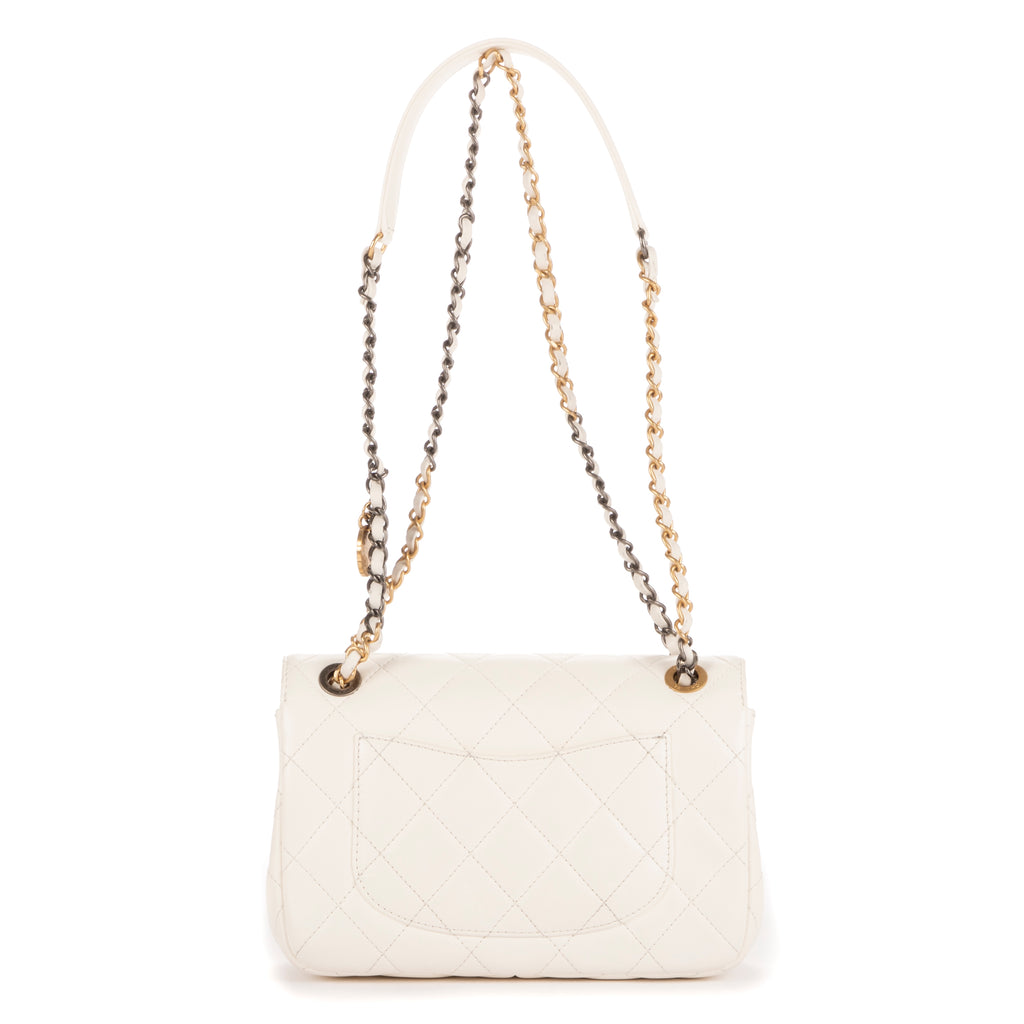 Shoulder Bag Coco Clips Rhinestones Single Flap White Calfskin Quilted Leather