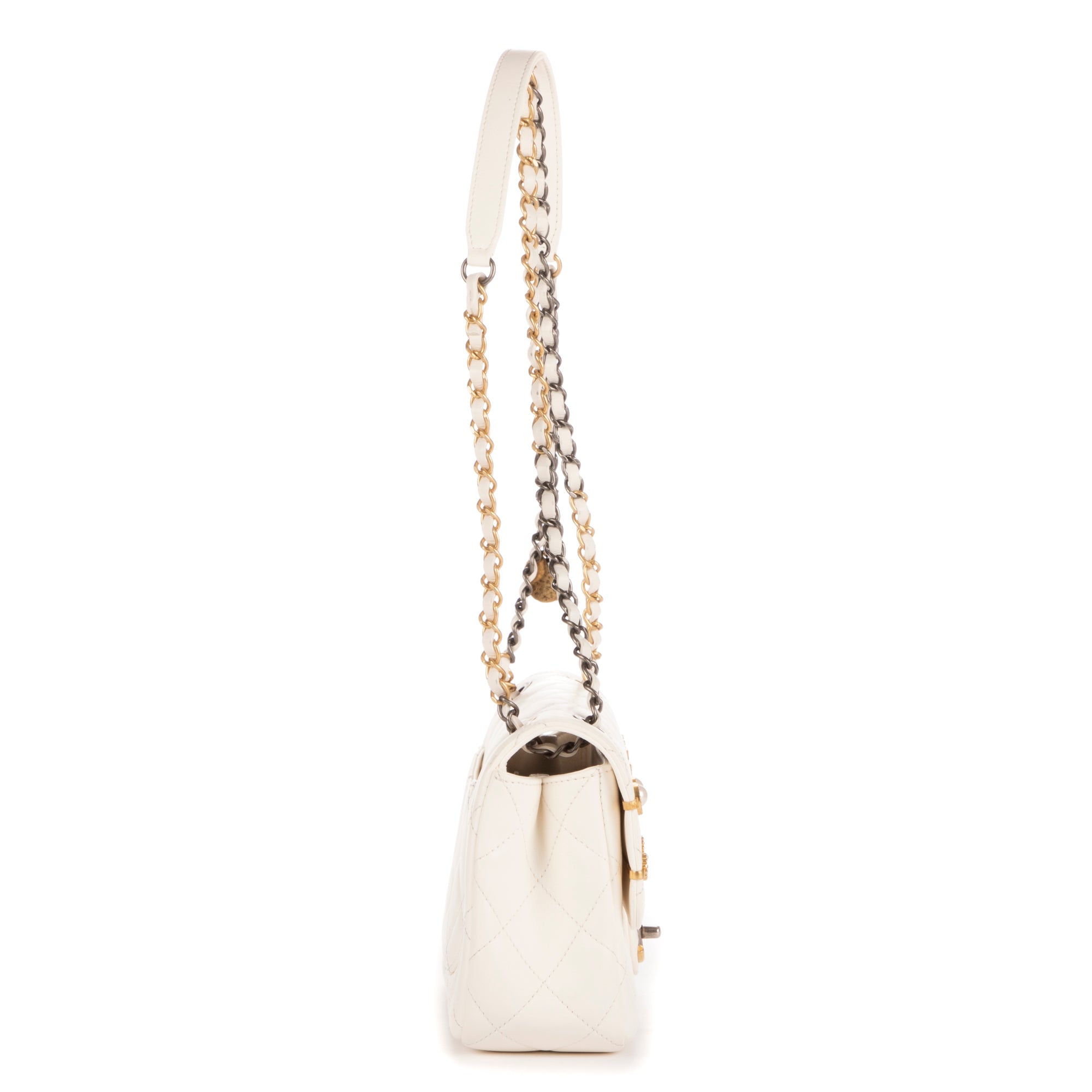 Shoulder Bag Coco Clips Rhinestones Single Flap White Calfskin Quilted Leather
