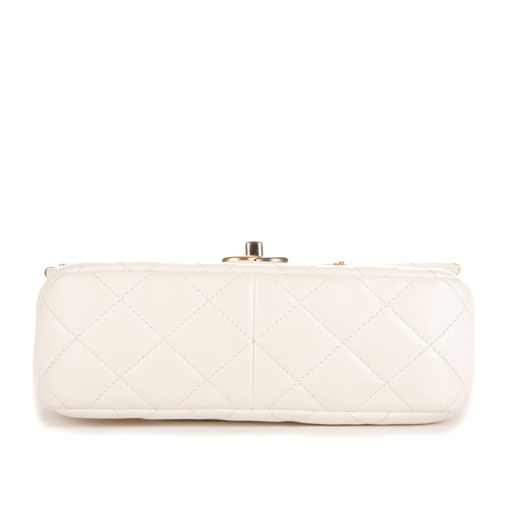 Shoulder Bag Coco Clips Rhinestones Single Flap White Calfskin Quilted Leather