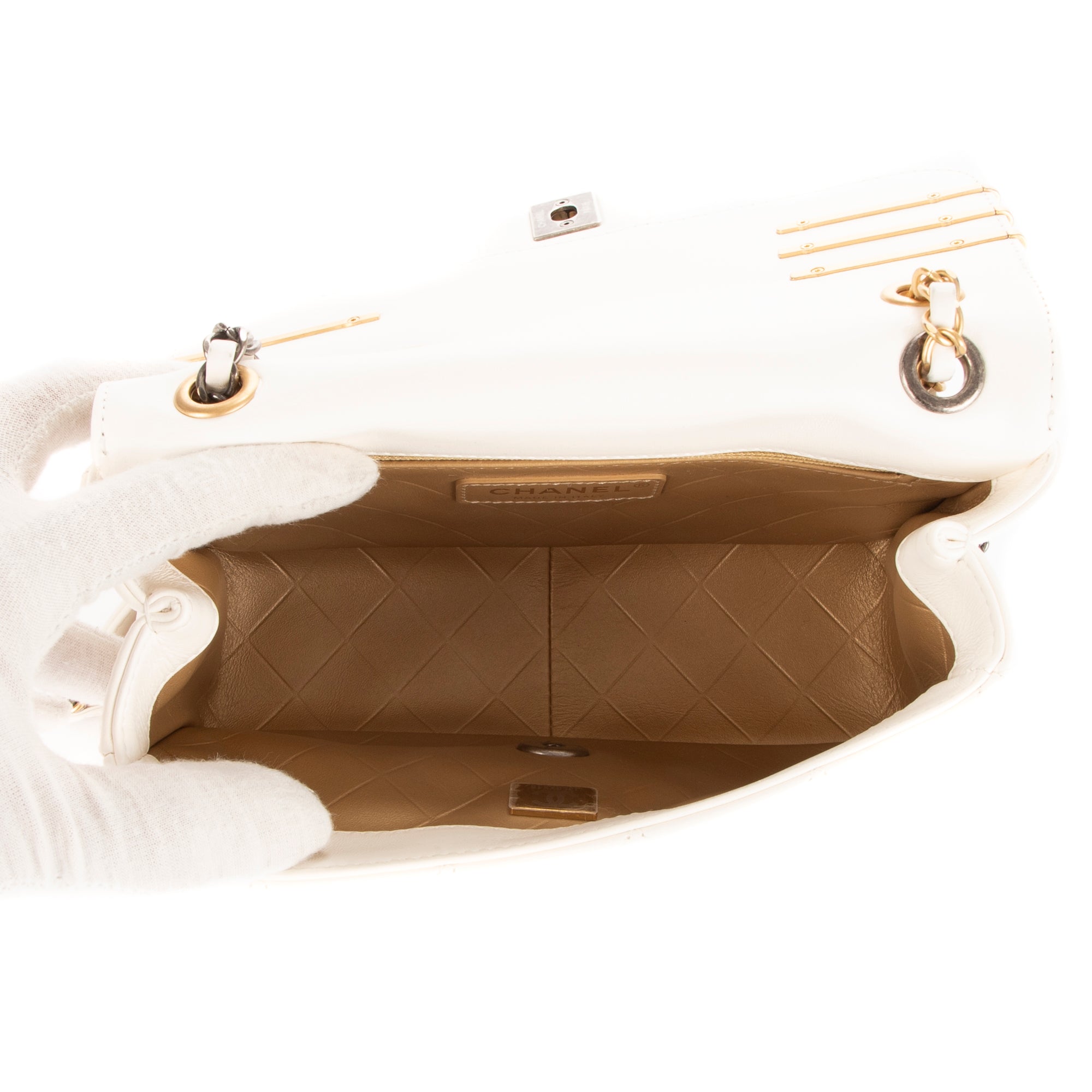 Shoulder Bag Coco Clips Rhinestones Single Flap White Calfskin Quilted Leather