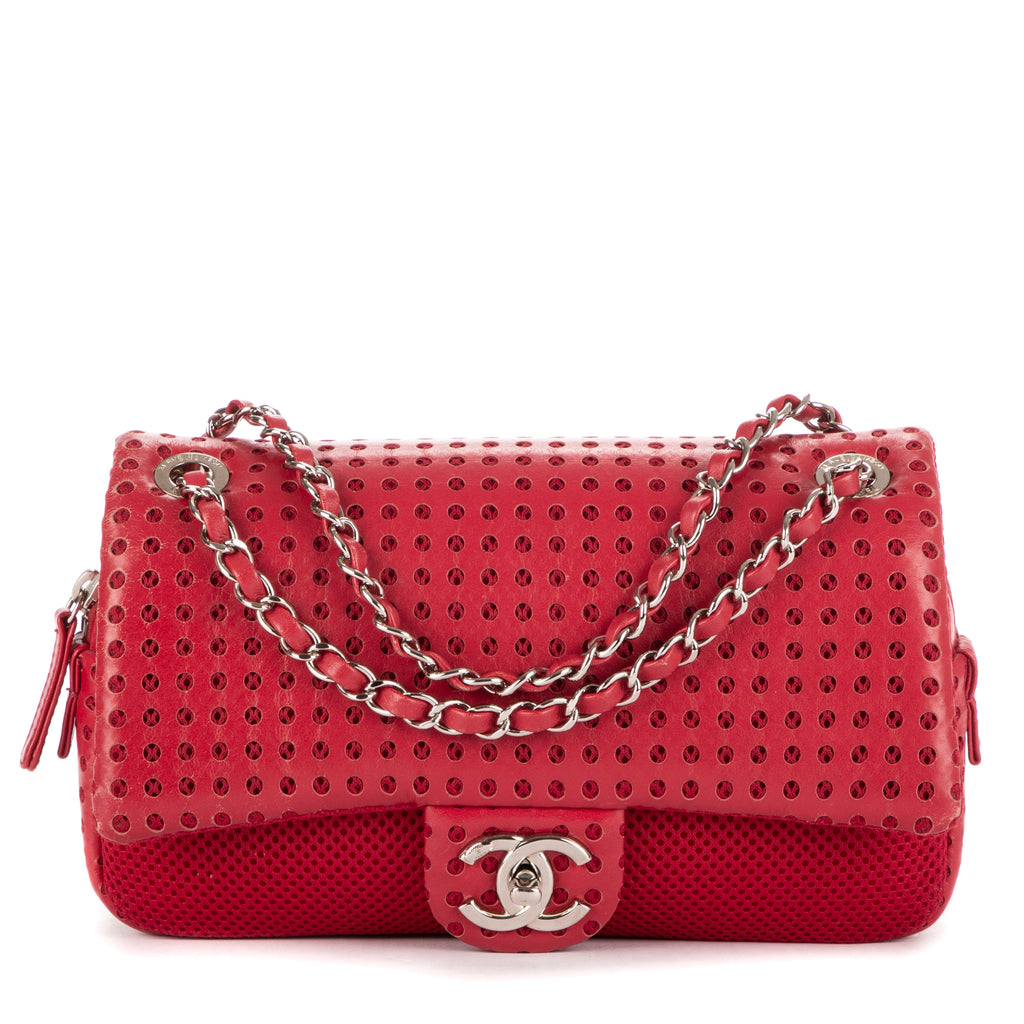 Bandolera Easy Flap Jumbo de cuero liso perforado rojo con tela roja