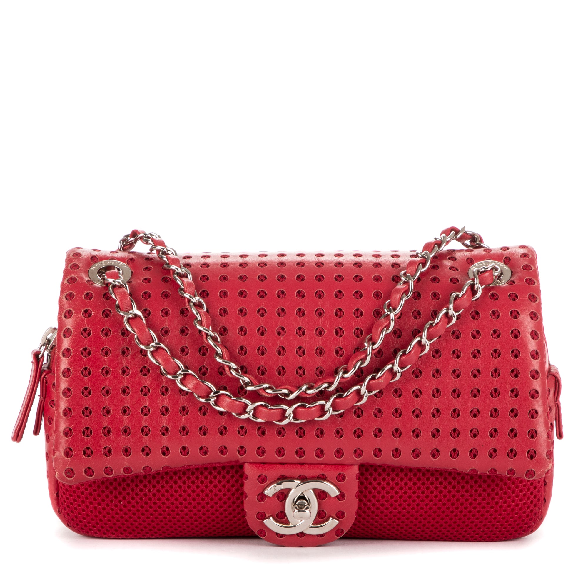 Bandolera Easy Flap Jumbo de cuero liso perforado rojo con tela roja