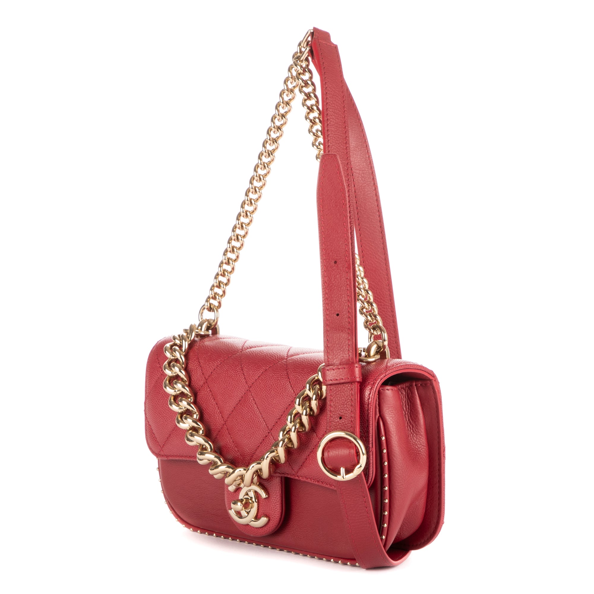 Shoulder Bag Mini Rectangle Studded Single Flap Burgundy Caviar Quilted Leather