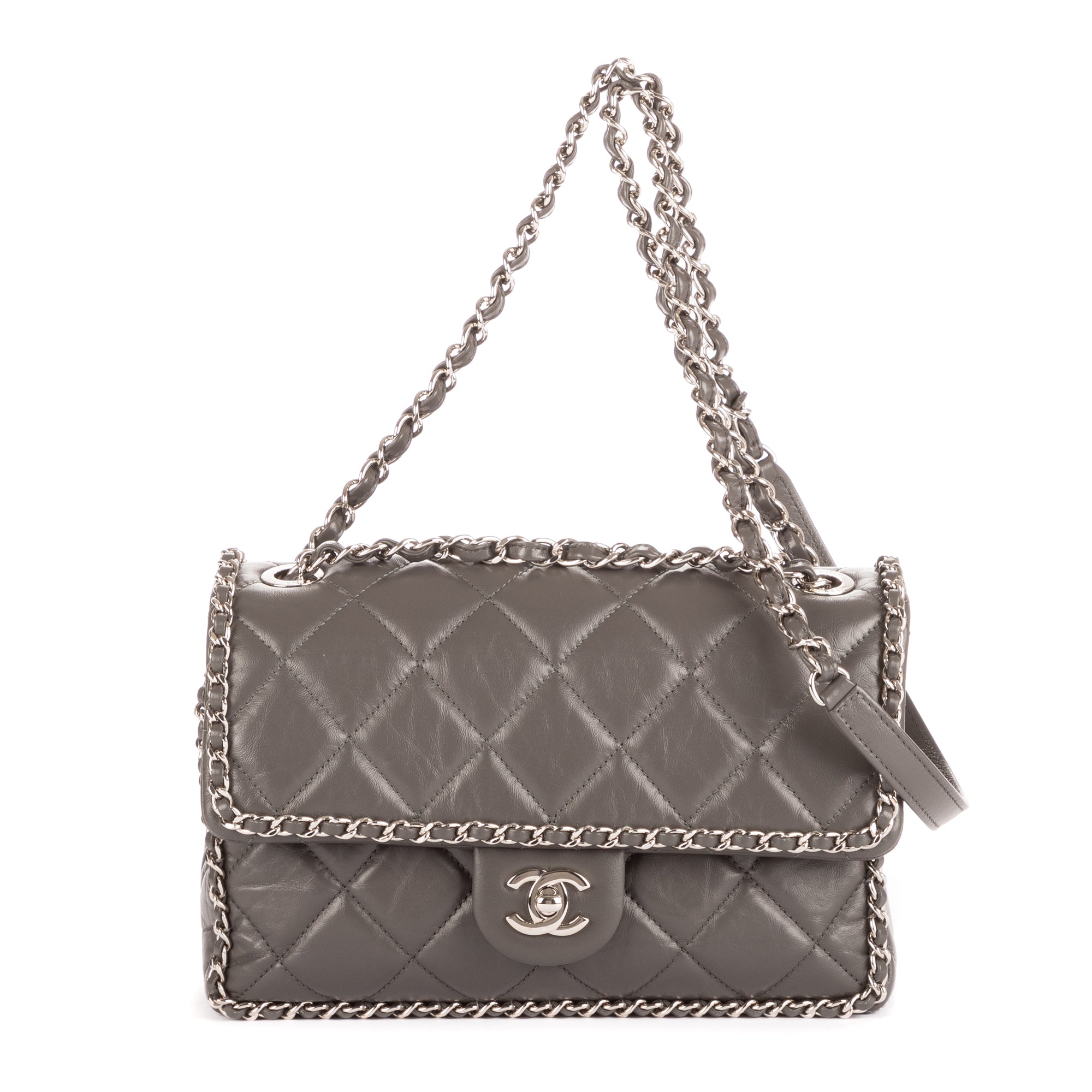 Sac bandoulière Chain-Around petit simple rabat cuir d'agneau matelassé gris