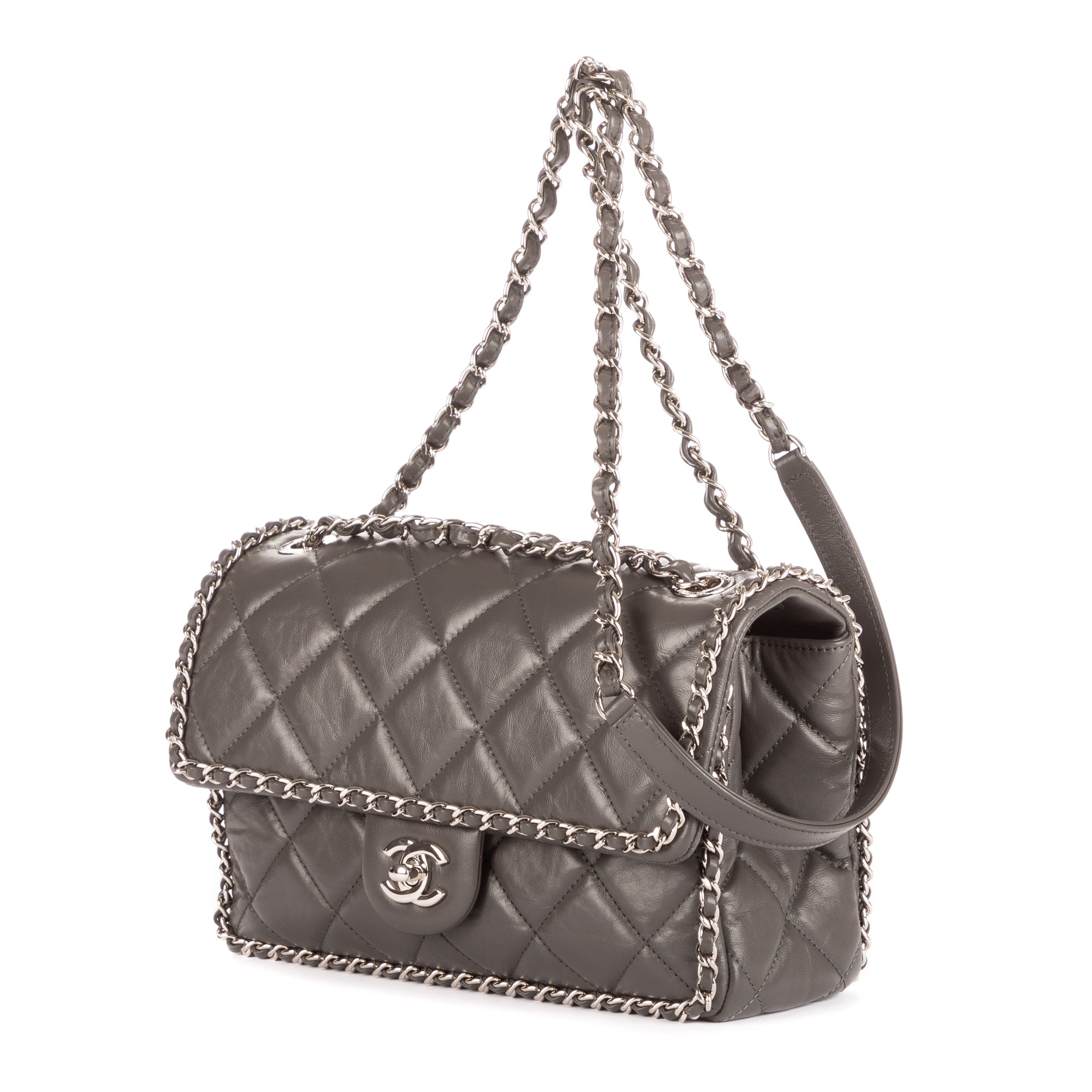 Sac bandoulière Chain-Around petit simple rabat cuir d'agneau matelassé gris