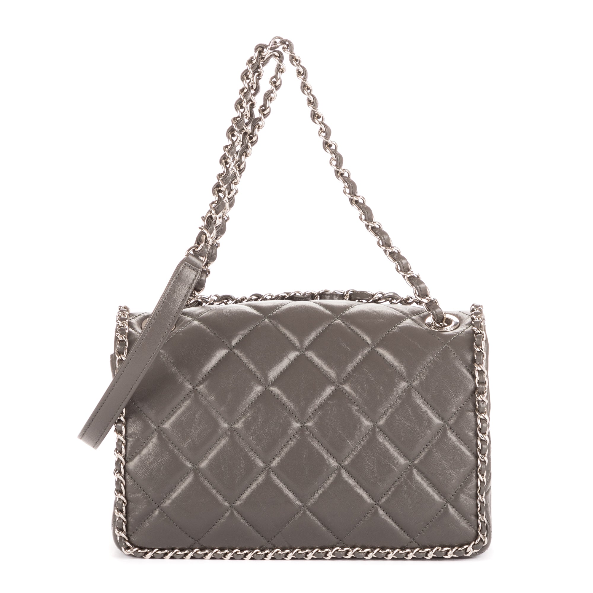 Sac bandoulière Chain-Around petit simple rabat cuir d'agneau matelassé gris