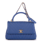 Shoulder Bag Coco Chain Top Handle Dark Blue Caviar Chevron Quilted Leather