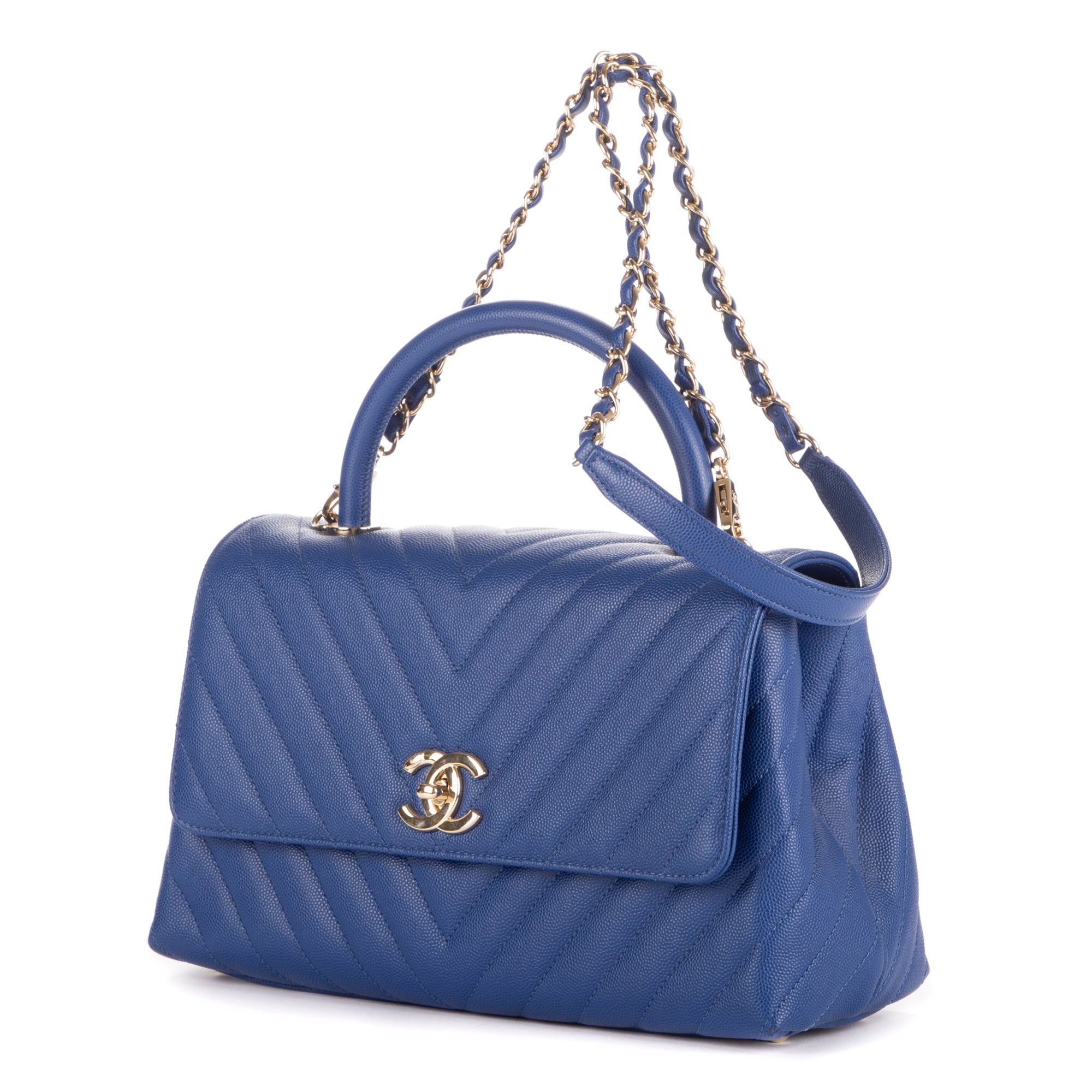 Shoulder Bag Coco Chain Top Handle Dark Blue Caviar Chevron Quilted Leather