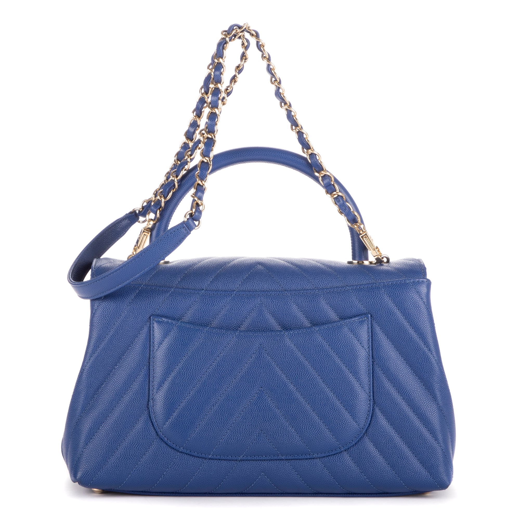 Shoulder Bag Coco Chain Top Handle Dark Blue Caviar Chevron Quilted Leather