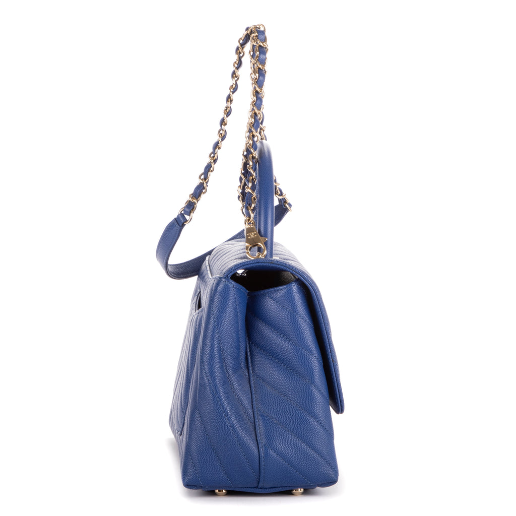 Shoulder Bag Coco Chain Top Handle Dark Blue Caviar Chevron Quilted Leather