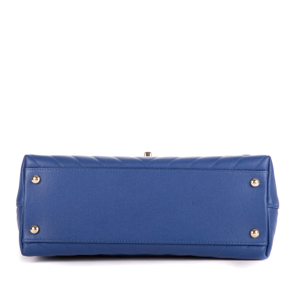 Shoulder Bag Coco Chain Top Handle Dark Blue Caviar Chevron Quilted Leather