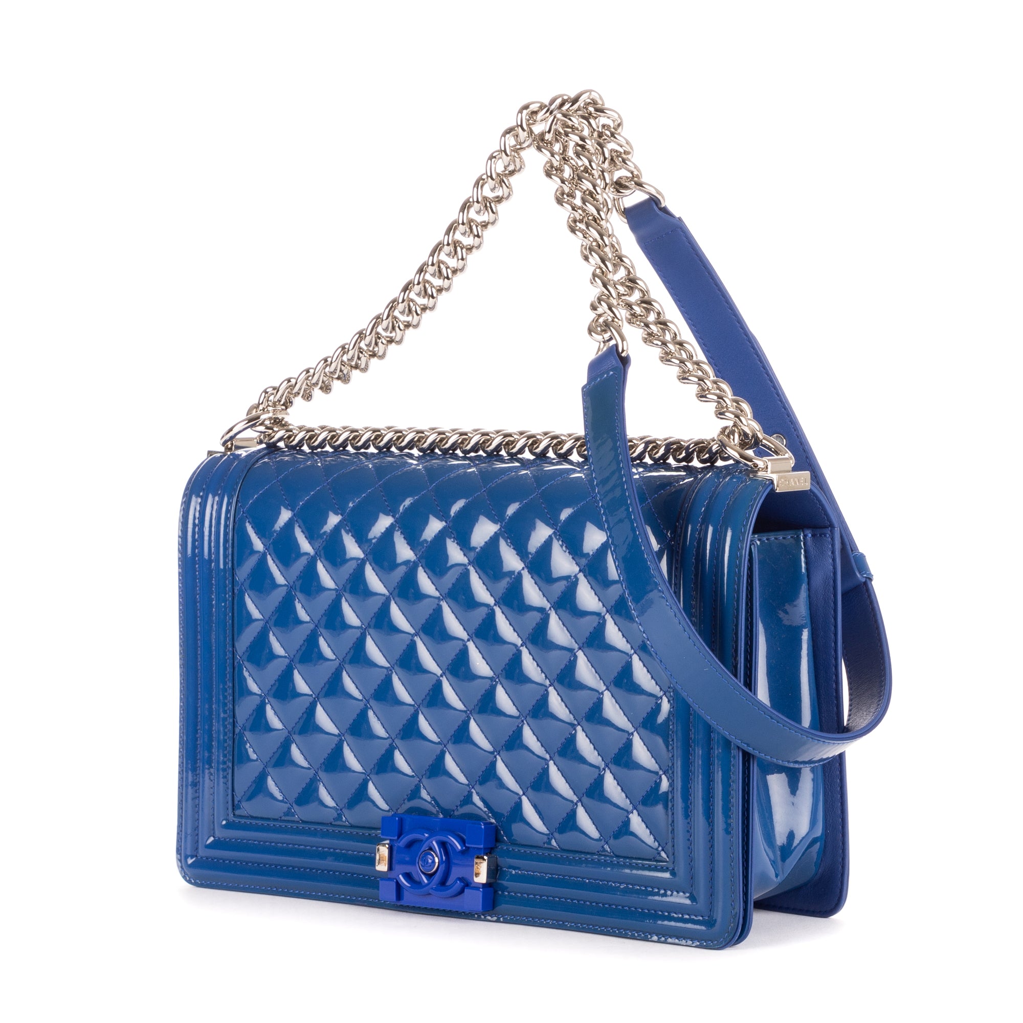 Shoulder Bag Boy Large blue Patent Quilted Leather