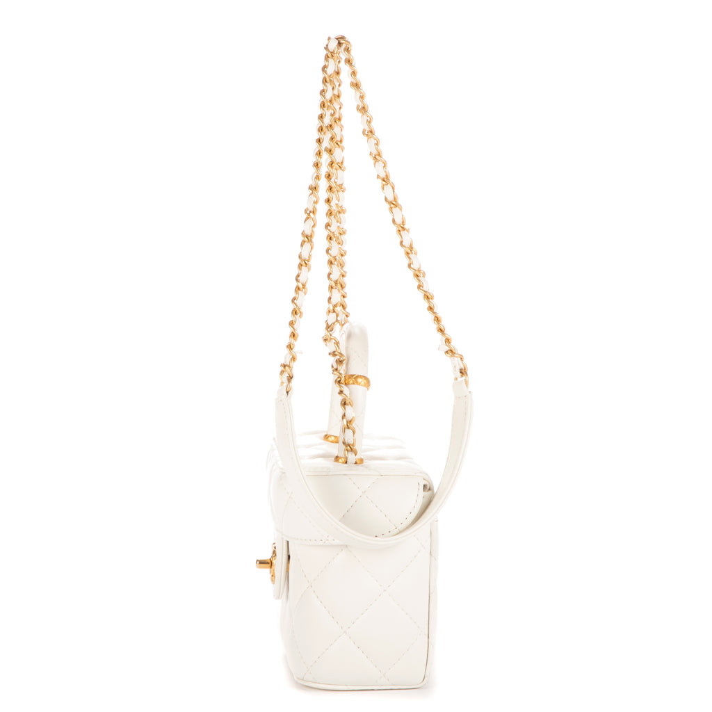 Bolso de hombro Vanity con asa, estuche cosmético, mini piel de cordero blanca acolchada
