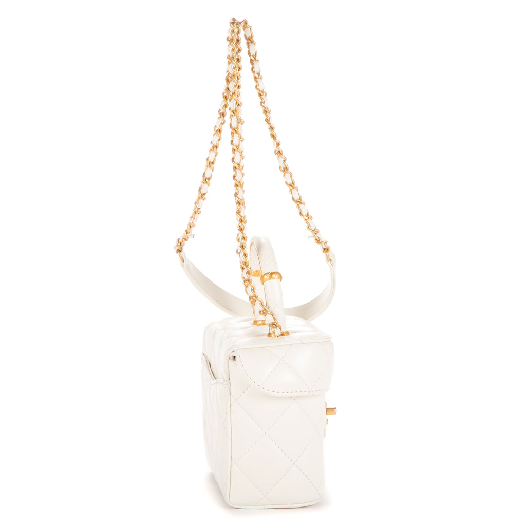 Bolso de hombro Vanity con asa, estuche cosmético, mini piel de cordero blanca acolchada