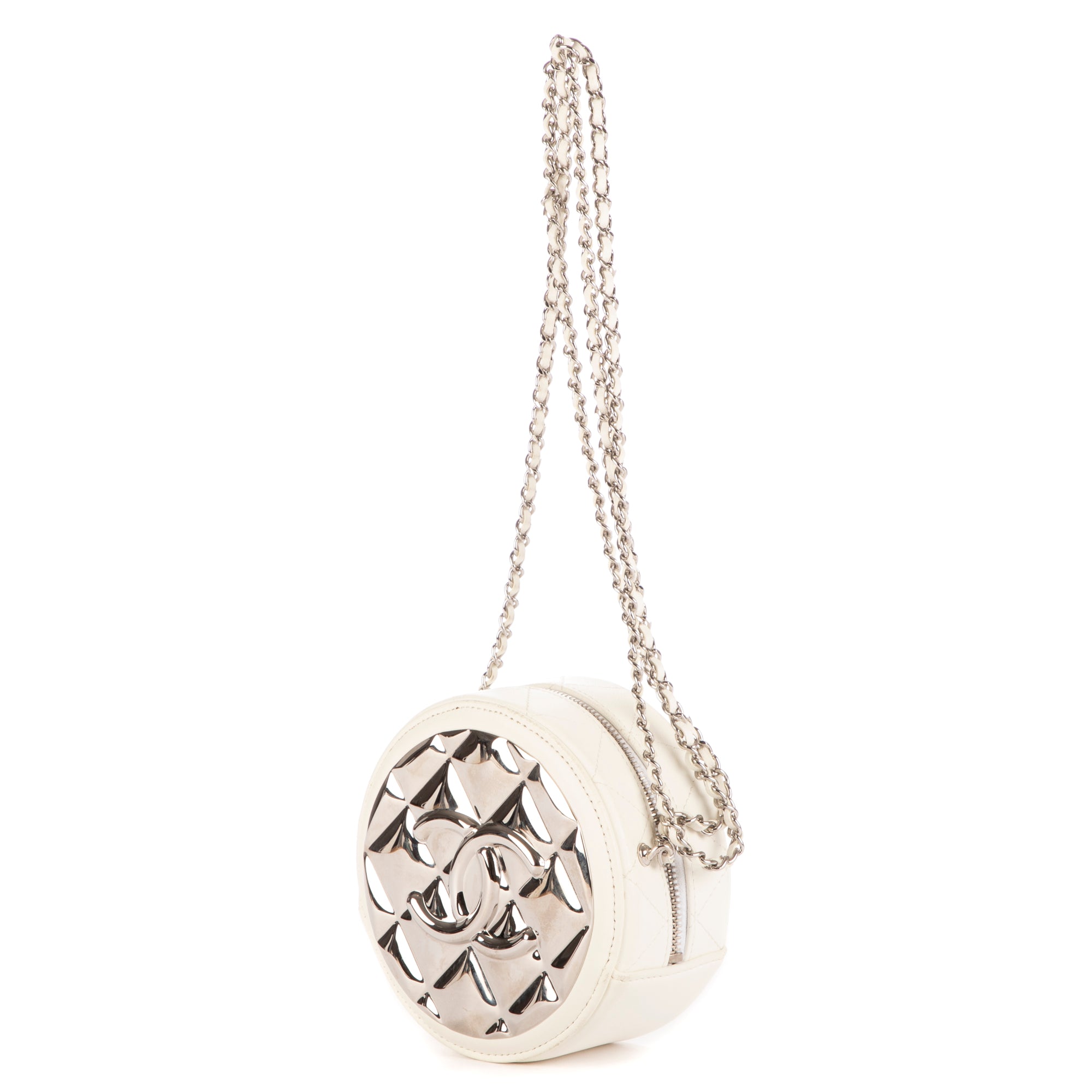 Bolso de Hombro Espejo Redondo Cadena Bandolera Mini Blanco Metal Acolchado Plateado con Logo/ Piel de Cordero Acolchada
