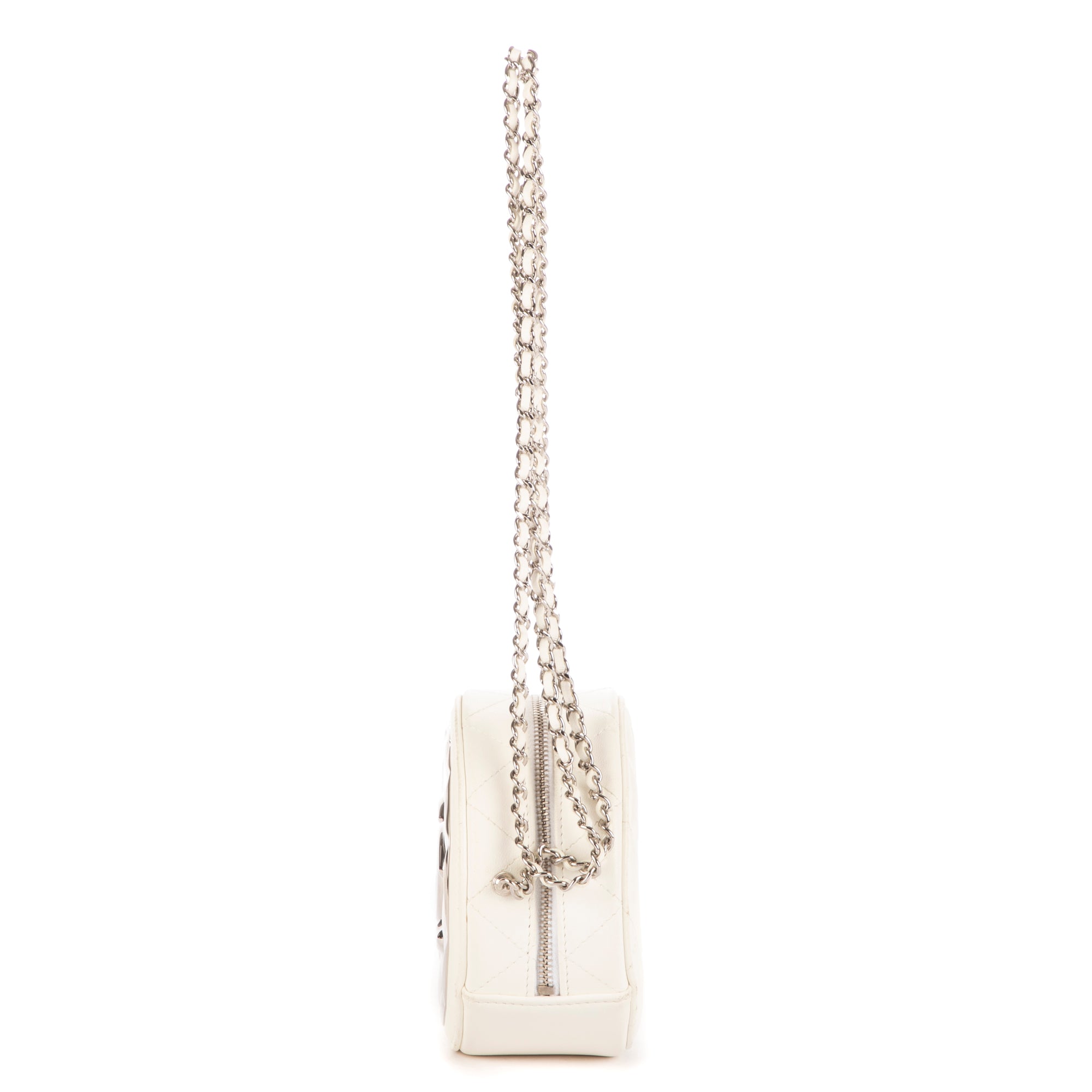 Bolso de Hombro Espejo Redondo Cadena Bandolera Mini Blanco Metal Acolchado Plateado con Logo/ Piel de Cordero Acolchada