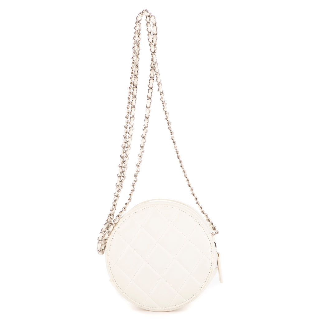 Bolso de Hombro Espejo Redondo Cadena Bandolera Mini Blanco Metal Acolchado Plateado con Logo/ Piel de Cordero Acolchada