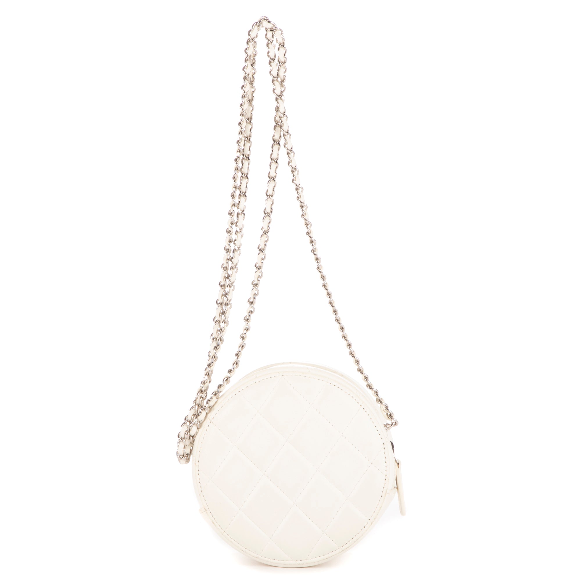 Bolso de Hombro Espejo Redondo Cadena Bandolera Mini Blanco Metal Acolchado Plateado con Logo/ Piel de Cordero Acolchada
